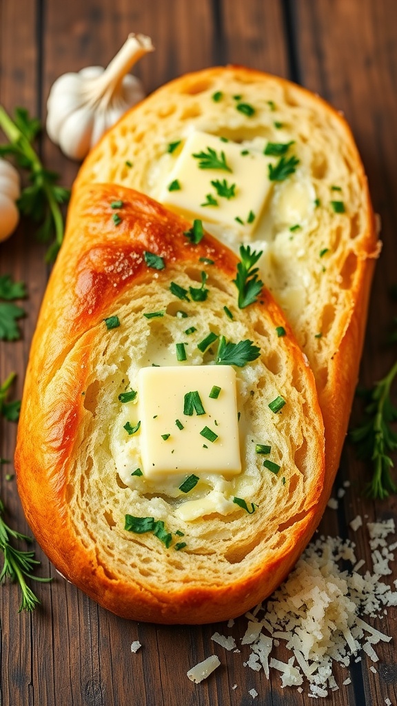 A loaf of keto garlic bread garnished with parsley, surrounded by garlic and cheese on a wooden table.